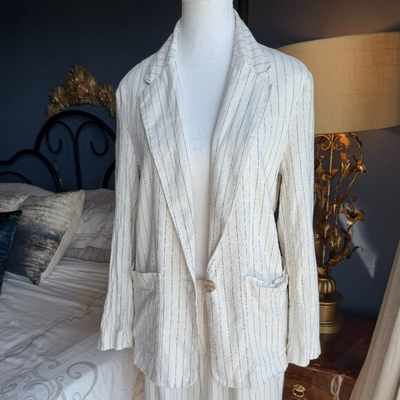 Cream w Black Stripes Linen Blend Wide Leg Suit - Picture 4 of 15